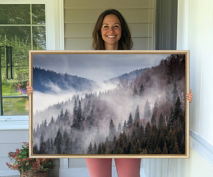 A museum-quality canvas of Beautiful Rising Fog in Winter Mountain Landscape hangs on the wall.