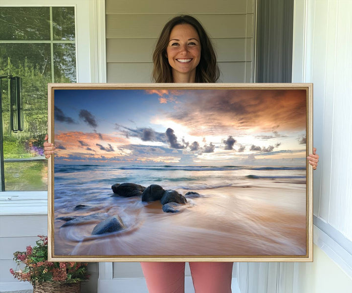 The Serene Weather On The Beach wall art canvas is ready to hang.