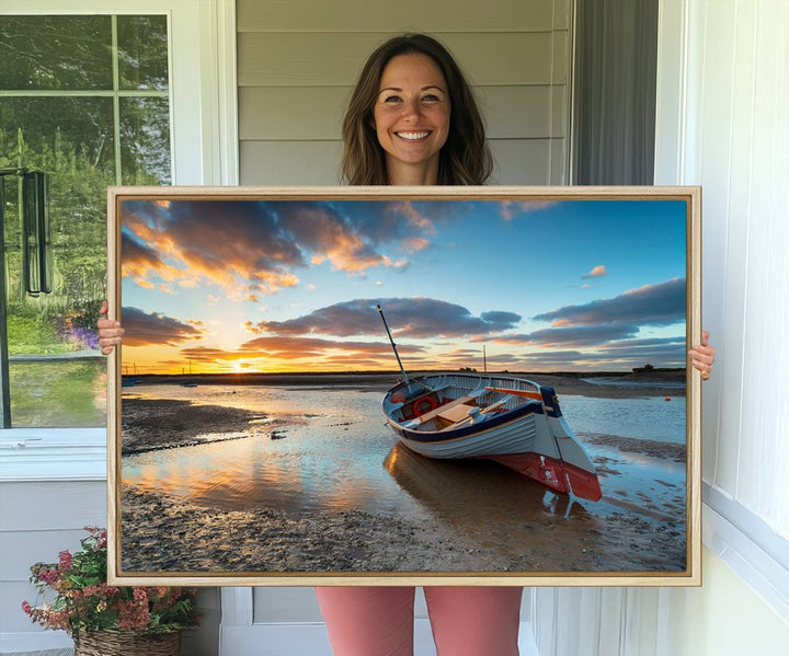 The Small Boat At The Beach Sunset wall art canvas print features UV coating, is museum-quality, and is ready to hang.