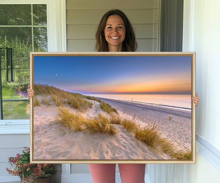 The cozy kitchen features the Sunrise On The Beach canvas art.