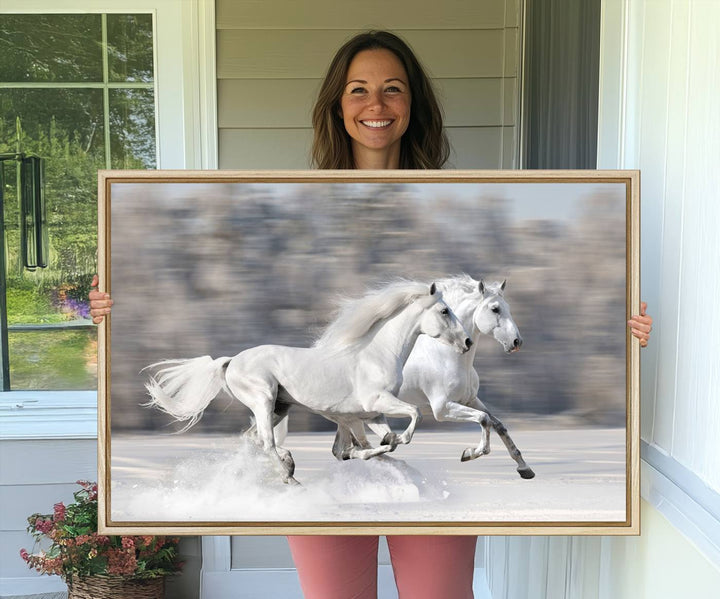 Museum-quality All The White Horses canvas print of two white horses in snow, ready to hang.