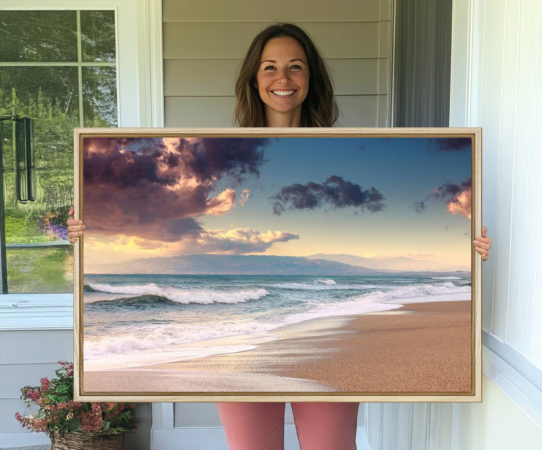 The dining area is enhanced with the Cloudy Weather Beach Sunset Canvas Print.