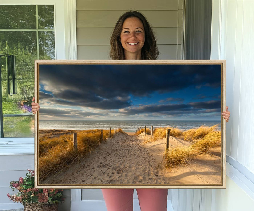 Museum-quality Ocean Beach Dark Clouds canvas print.