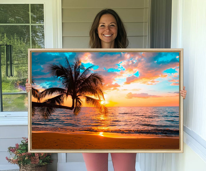 The Palm Tree Sunset On The Beach ready-to-hang canvas wall art—museum quality—brings a serene atmosphere to the room.