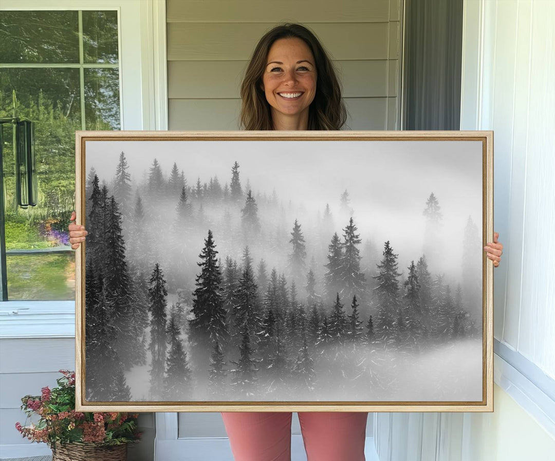 A stunning Foggy Misty Forest Canvas Wall Art adorns the kitchen wall.