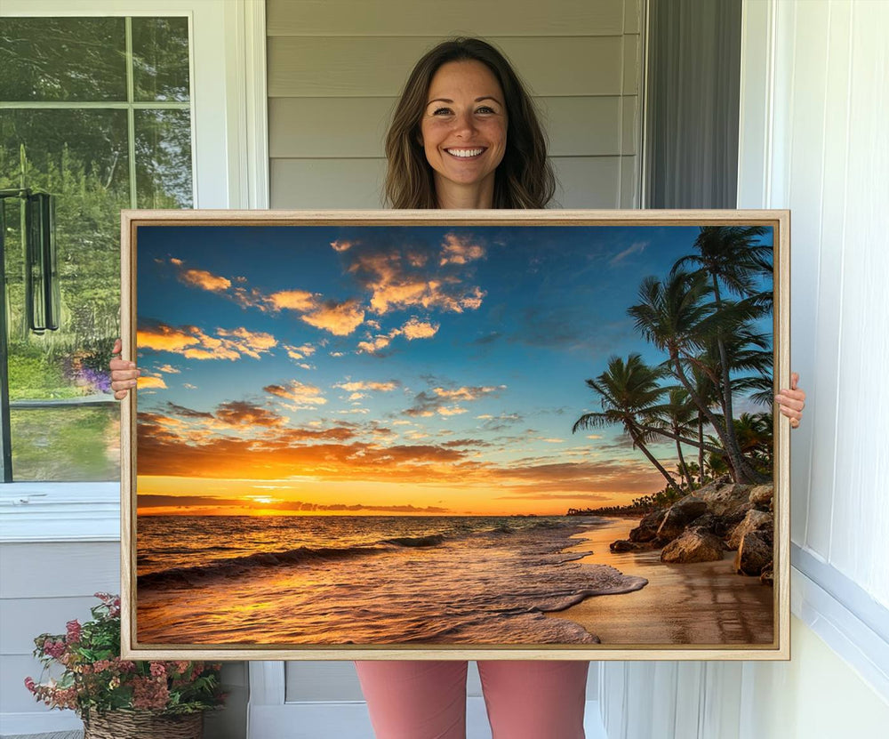 A stunning beach sunset on a museum-quality Sunset Wall Art Canvas Print adorns the kitchen wall.