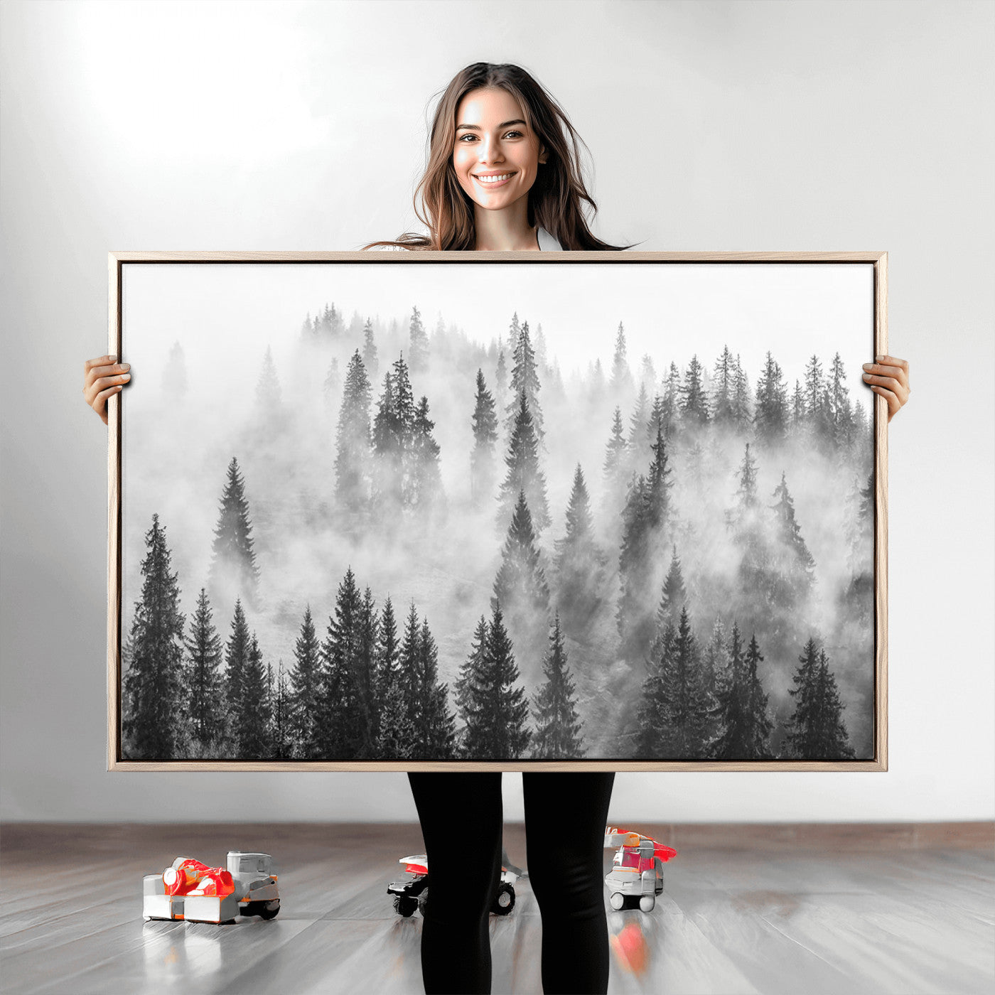 10422-MGV-CV-36X24-Forest Wall Art Print | Foggy Pine Forest Canvas Wall Art - Black and White Nature Decor for Living Room
