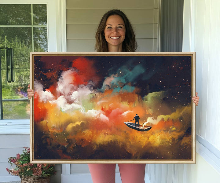 Surreal Space Adventure Canvas Wall Art features a person in a boat.