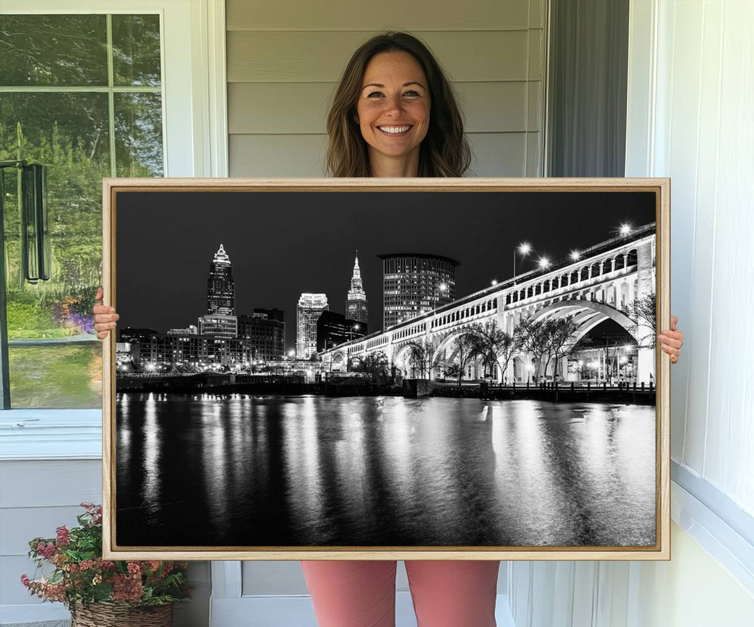 The Cleveland Night Skyline Canvas Print hangs prominently.