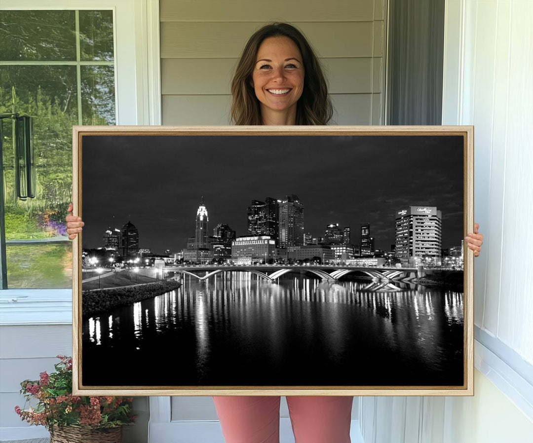 Columbus City Lights Skyline canvas print in black and white, featuring museum-quality craftsmanship and free shipping.