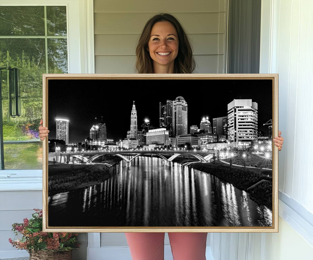 Columbus City Lights Skyline Black and White Canvas with UV coating.