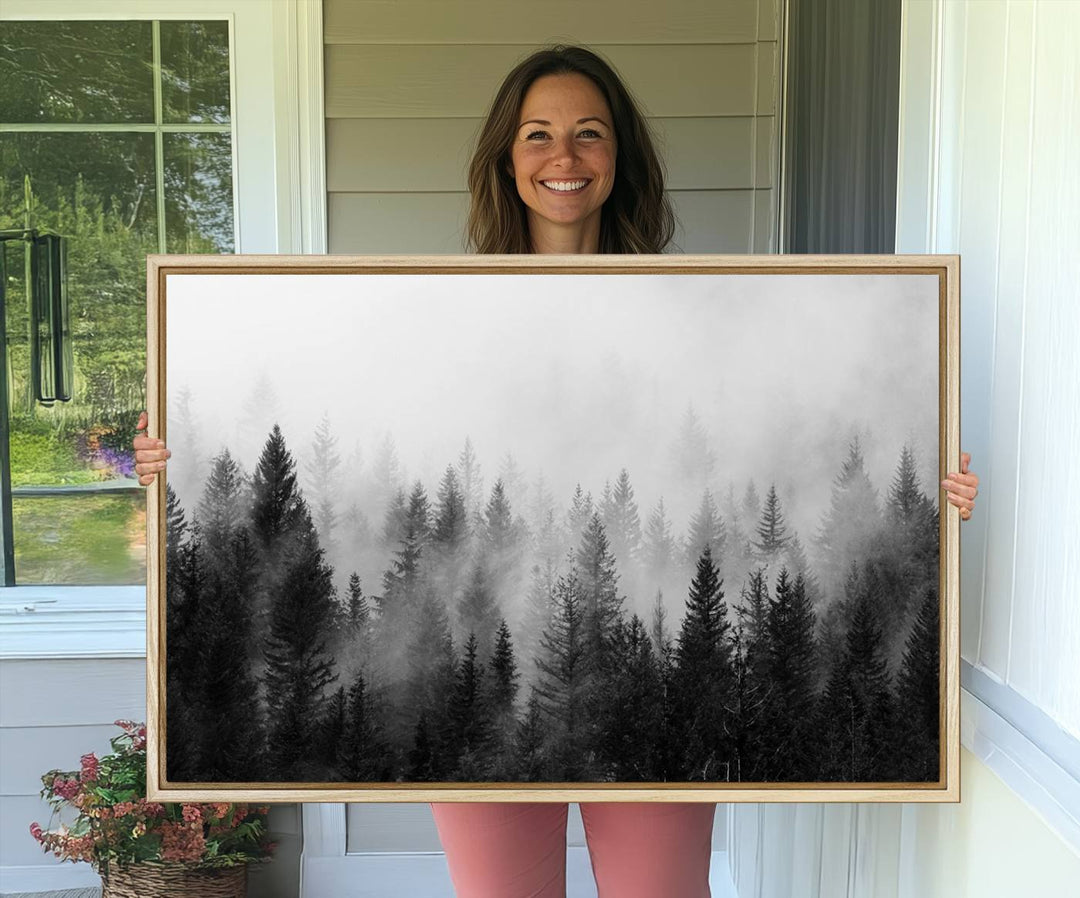 The Foggy B&W Forest Wall Art, featuring pine trees, enhances the minimalist kitchen ambiance.