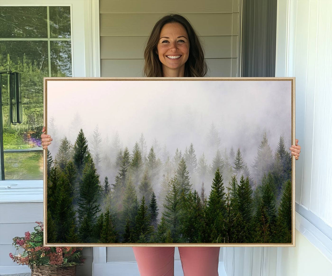 A serene, foggy evergreen forest creates a mysterious atmosphere, ideal for premium canvas wall art.