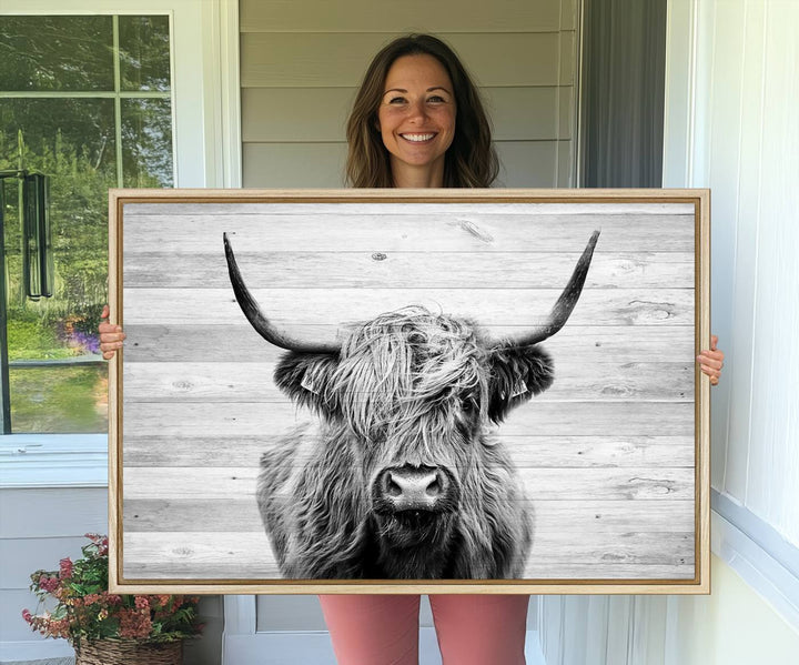 Scottish Highland Cow Cattle Art adds rustic farmhouse charm to the space.