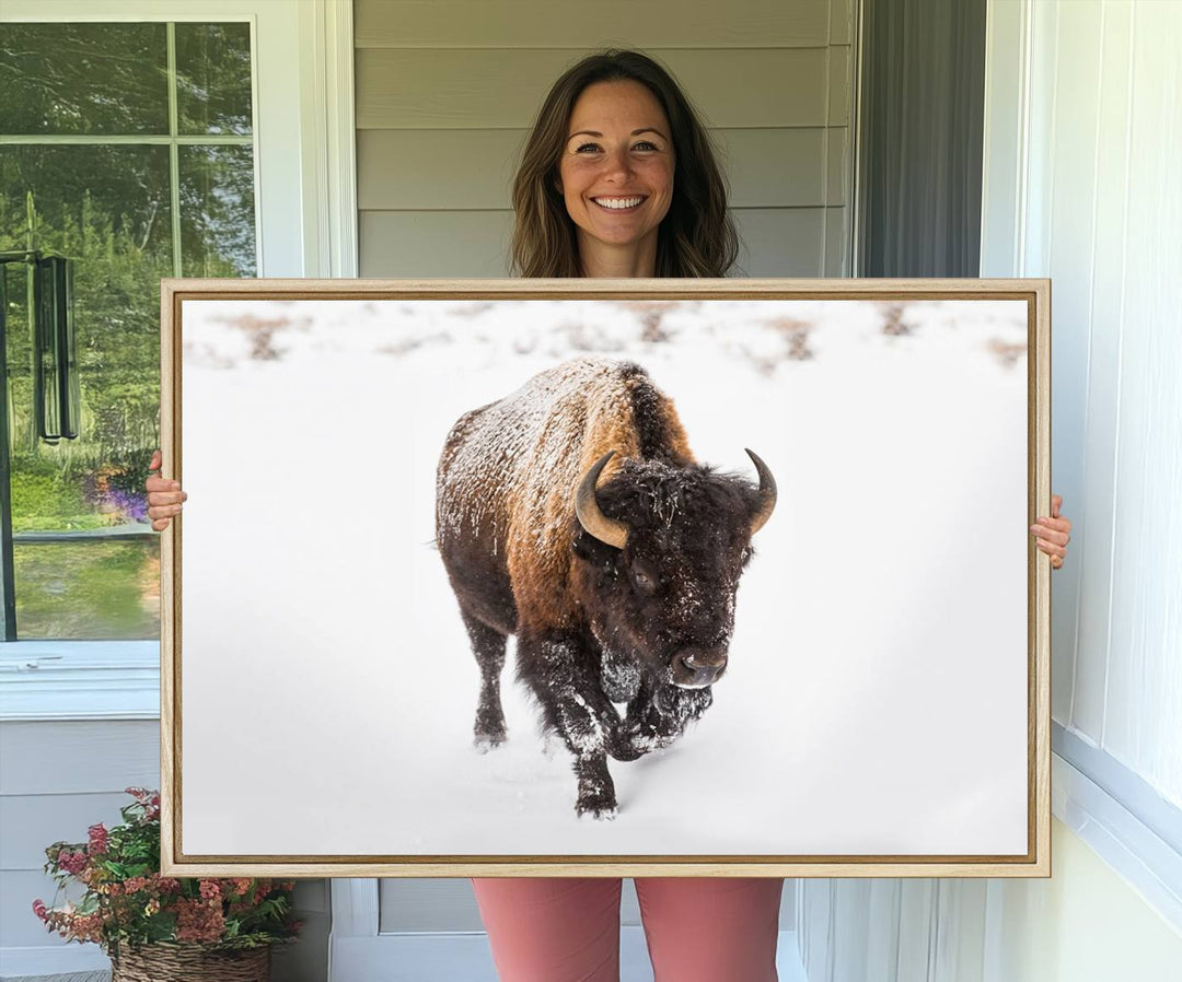 Bison Winter Wall Art Canvas Print for farmhouse decor.