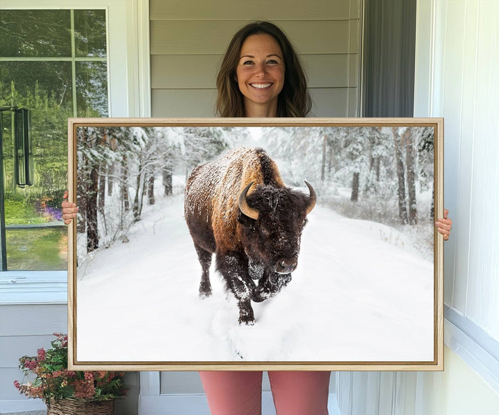 The dining area showcases the Bison Wall Art Canvas Print for Farmhouse.