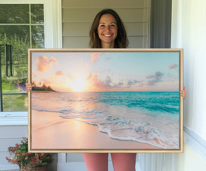 The kitchen features the Beach Sunrise Wall Art, Coastal Sunset Beach Scene.