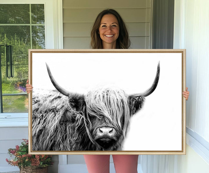 Framed Black and White Scottish Highland Cow Art Print.