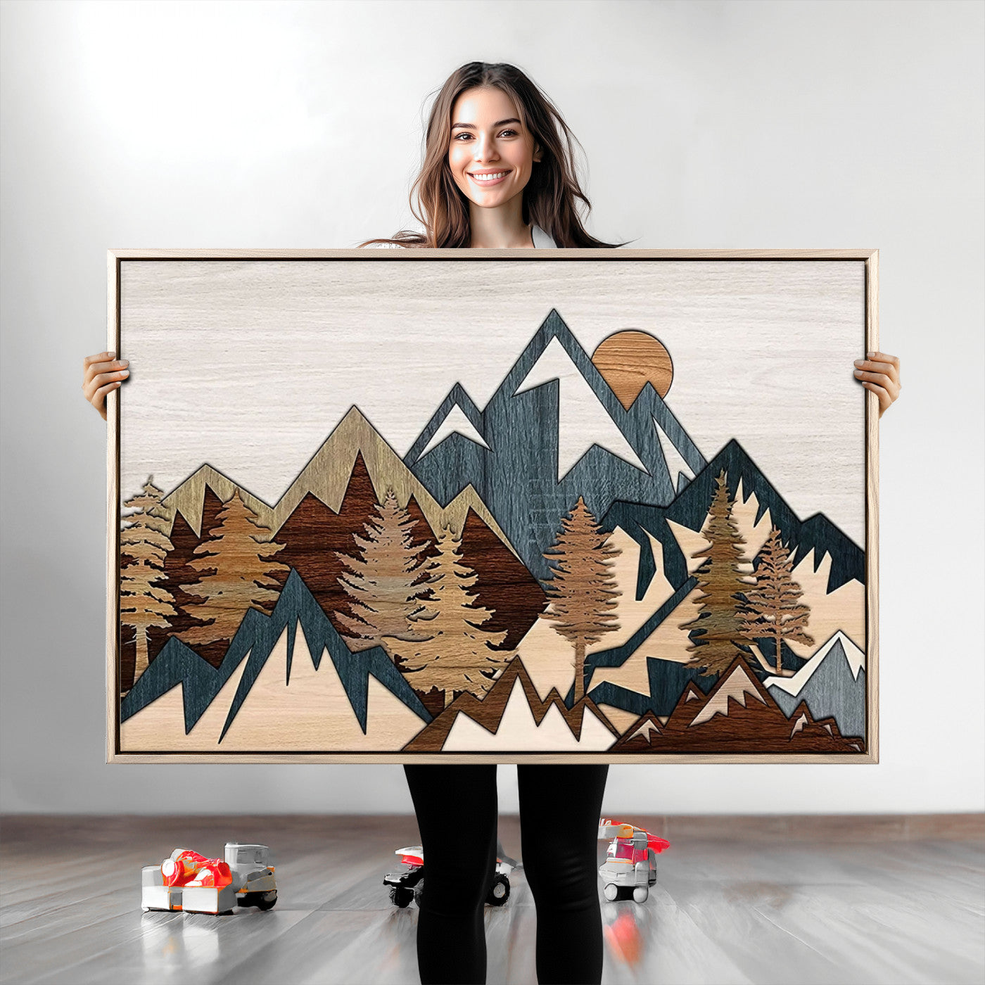 67950-MGV-CV-36X24-Rustic Abstract Wood Panel Effect Canvas Mountain Range Top Wood Wall Art Canvas Print