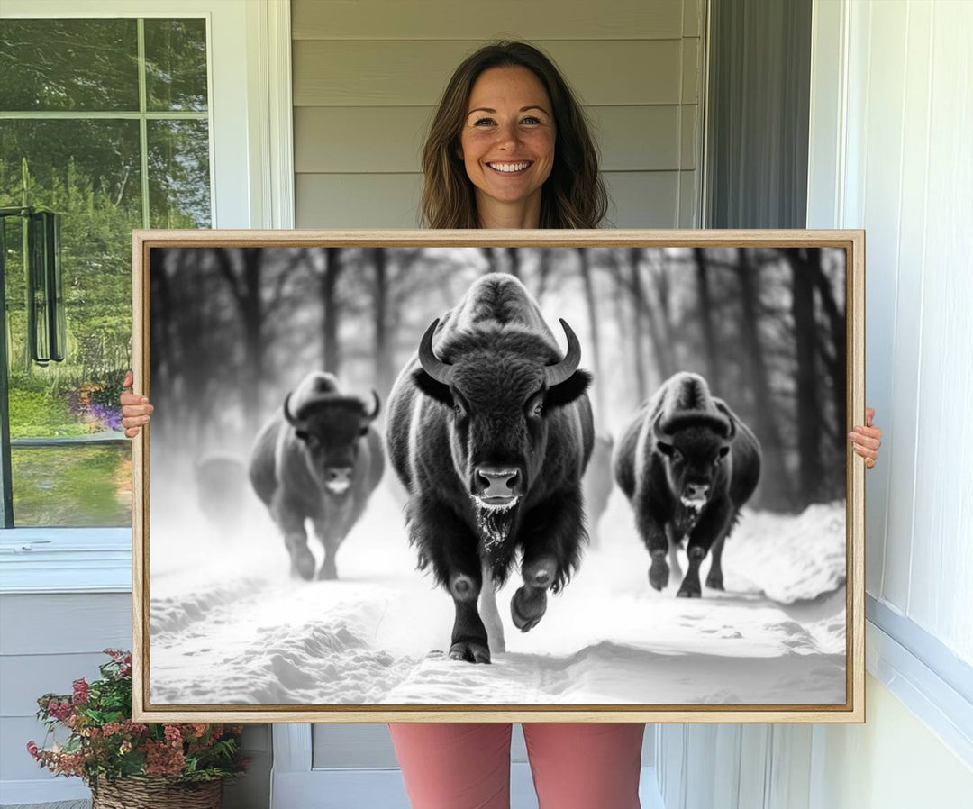 The Buffalo Wall Art Canvas Print of bison running through snow adorns the wall.