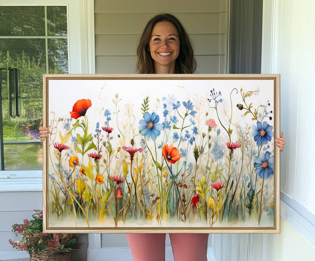 The vibrant Colorful Wildflower Canvas Wall Art adorns the wall.