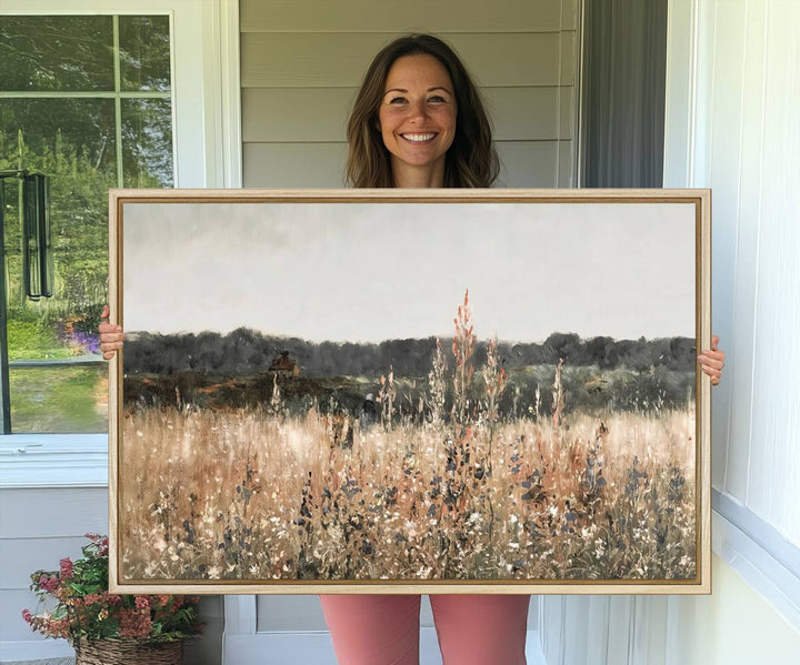 A dining room featuring the Abstract Wildflower Art Field Landscape Oil Painting Print.