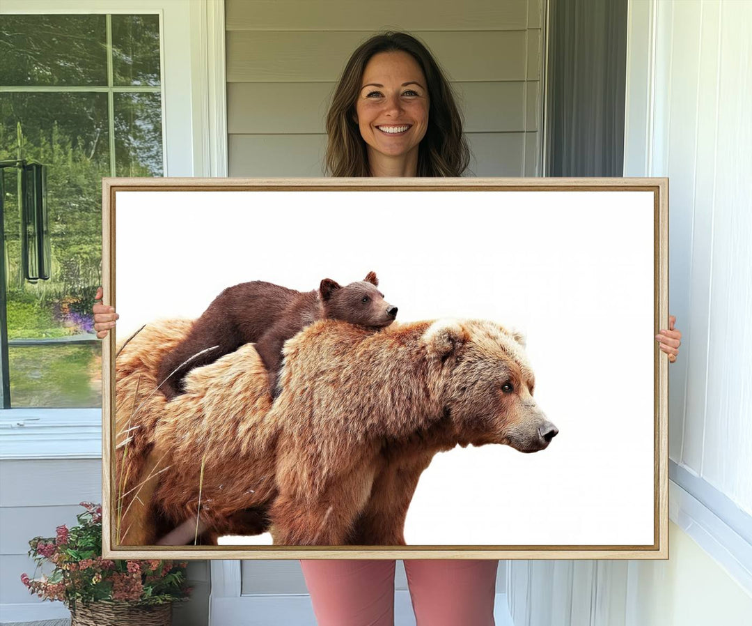 Mother and Baby Bear canvas: an adorable wildlife print displayed on a dark green wall.