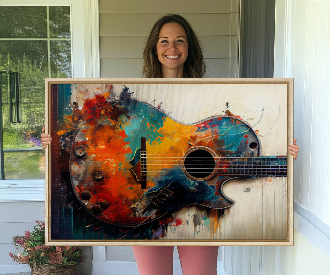 A vibrant guitar wall art canvas is mounted on the wall.