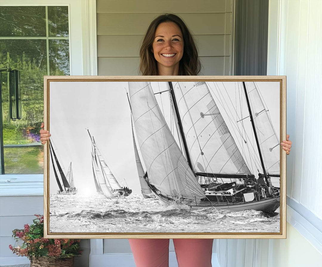 Yacht Sailboat Regatta canvas print on a textured wooden wall.