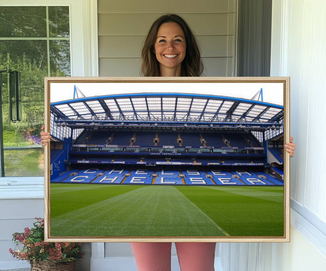 The wall art features a Chelsea FC Stamford Bridge Stadium canvas print.