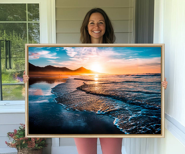 The Sunset Beach Ocean Canvas Wall Art – Tranquil Reflections at Dusk enhances the ambiance with its captivating depiction of serene ocean views at dusk.