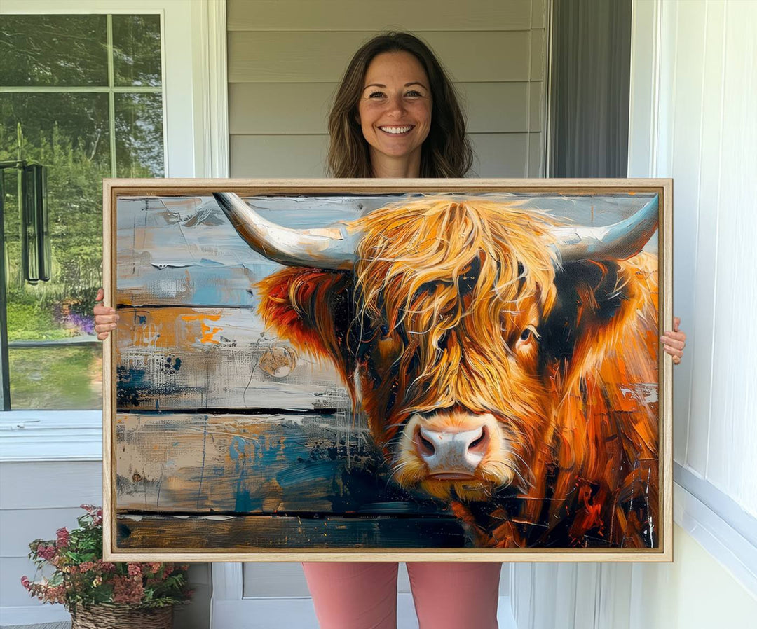 The dining room features Highland Cow Abstract Canvas Wall Art in a farmhouse rustic decor style.