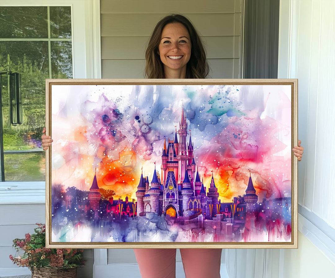 The watercolor Disney Wall Art showcases Cinderellas Castle in pink, purple, and orange hues.