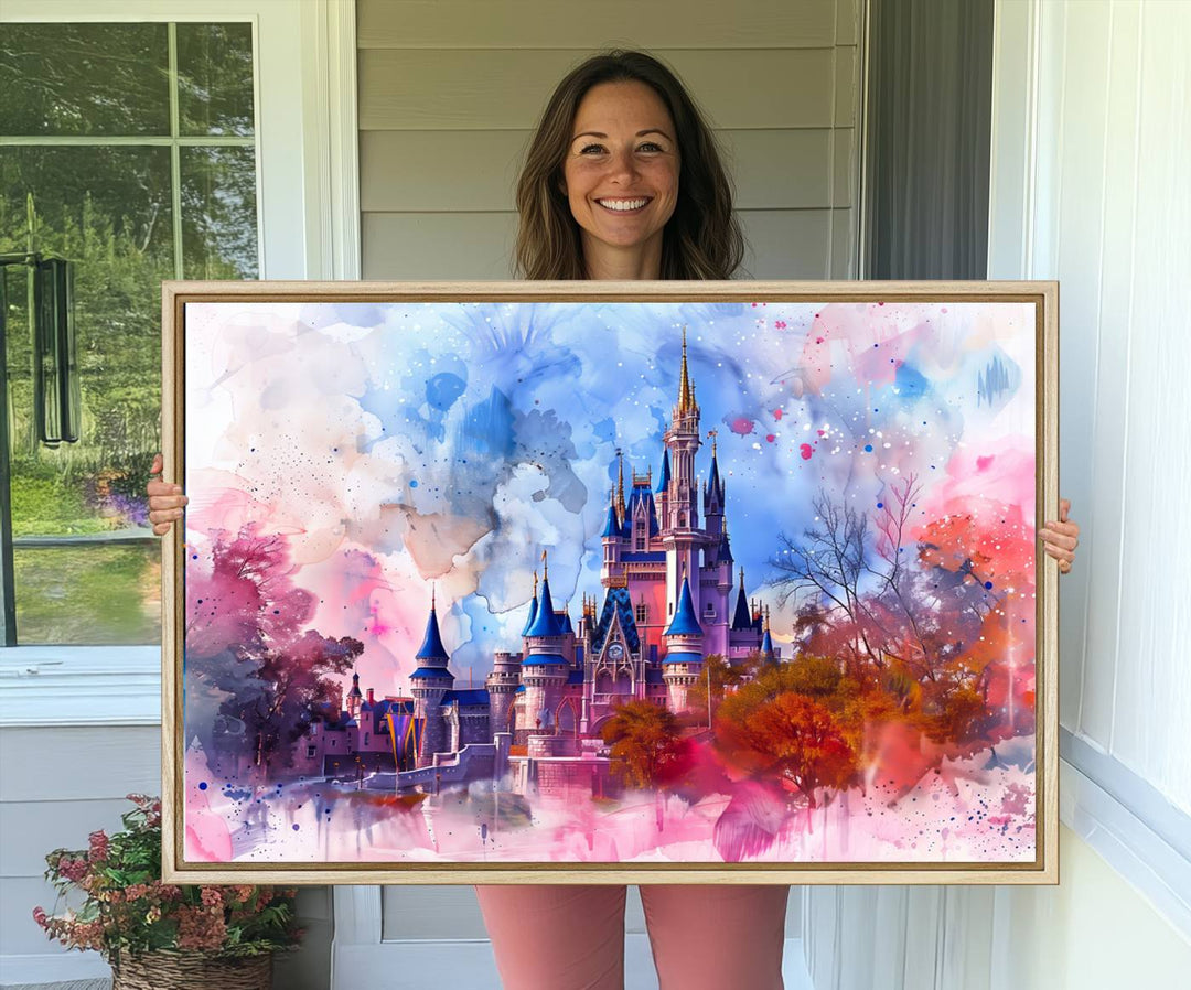 A Disney Wall Art: Dreamy Watercolor Cinderella Castle Canvas Print hangs prominently.