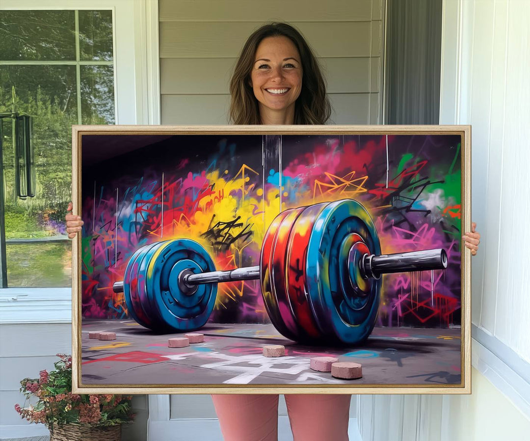 The Abstract Graffiti Barbell Canvas Wall Art is displayed on a porch.