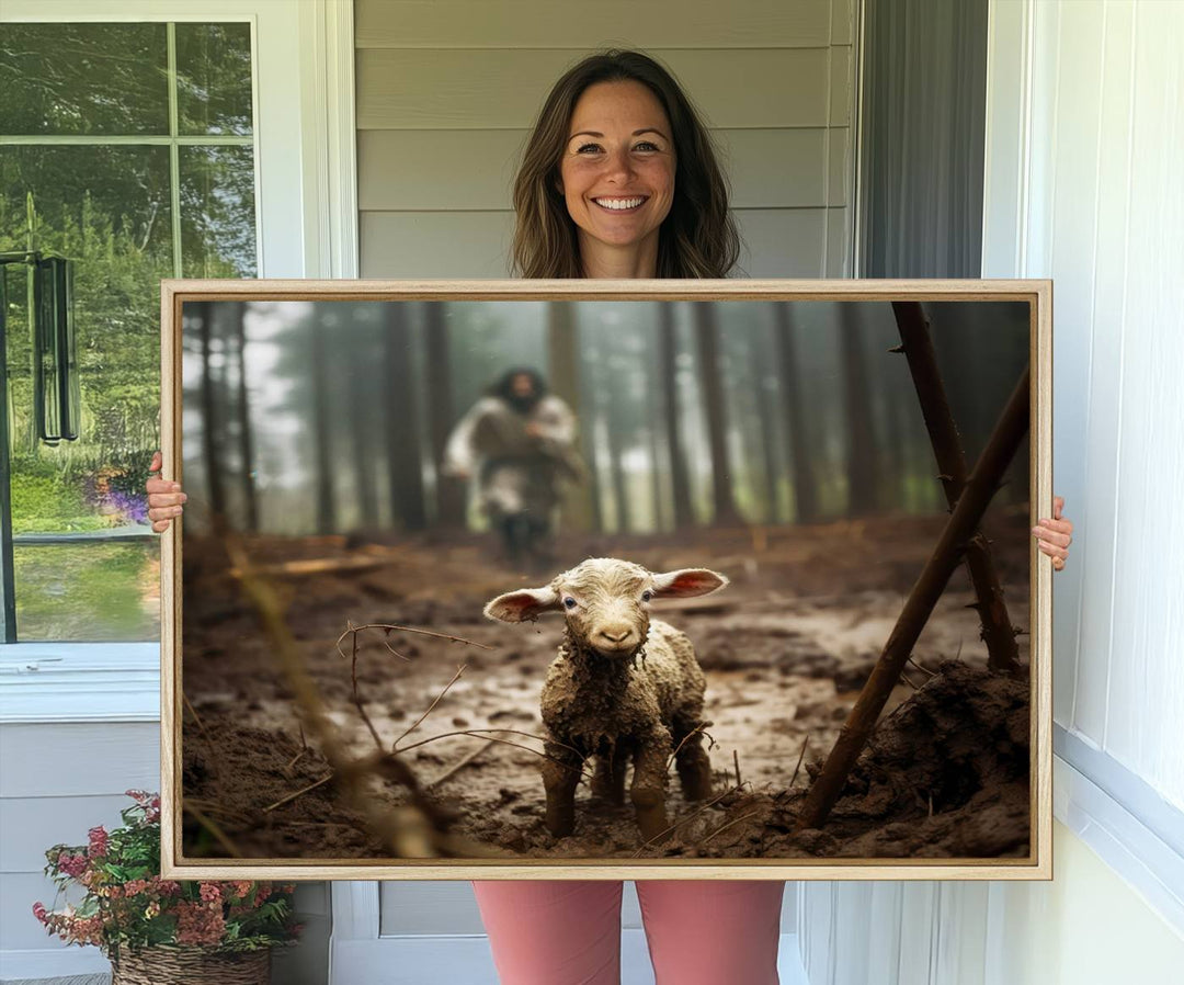 The Jesus Running After a Lost Lamb canvas wall art print depicts a lamb in a muddy forest.