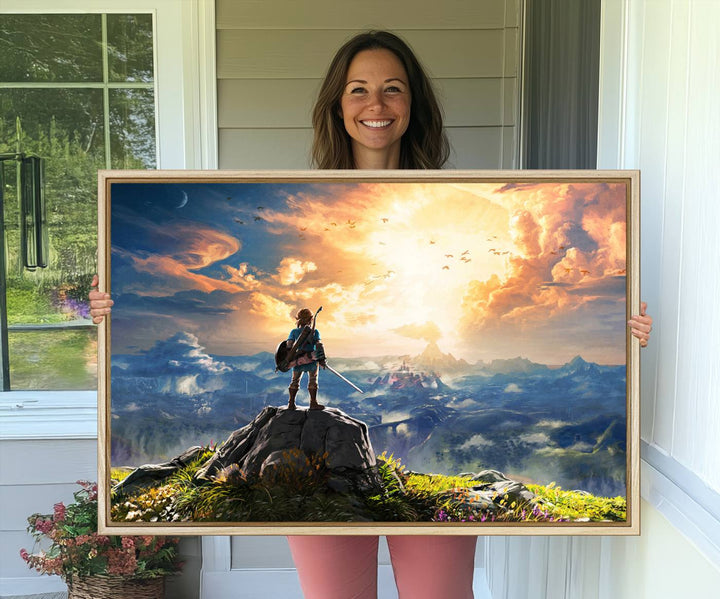 A vibrant Legend of Zelda Breath of the Wild canvas print depicts a figure standing on a rock with mountains and sky in the background.