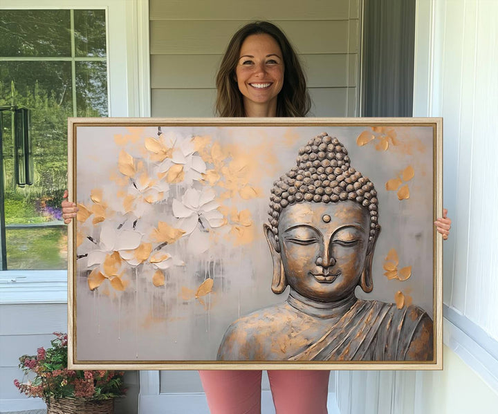 The serene dining room features Abstract Buddha Statue Wall Art.