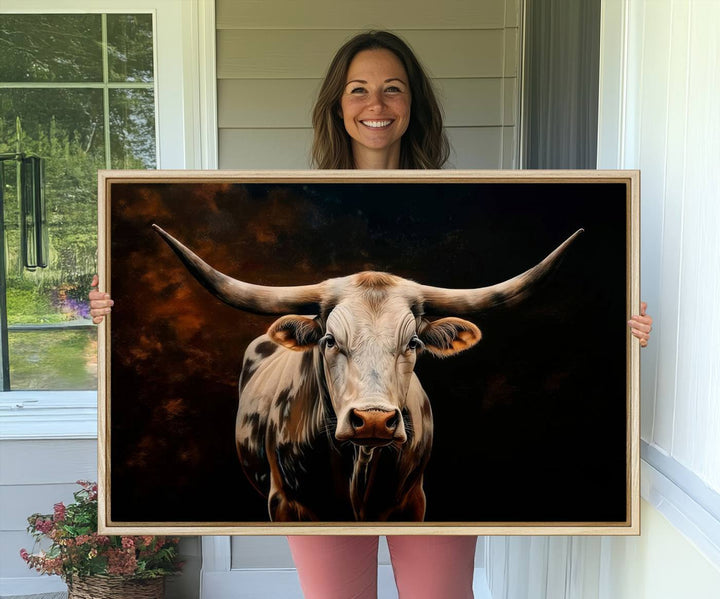 A large 3-panel Texas Longhorn canvas print dominates the space.