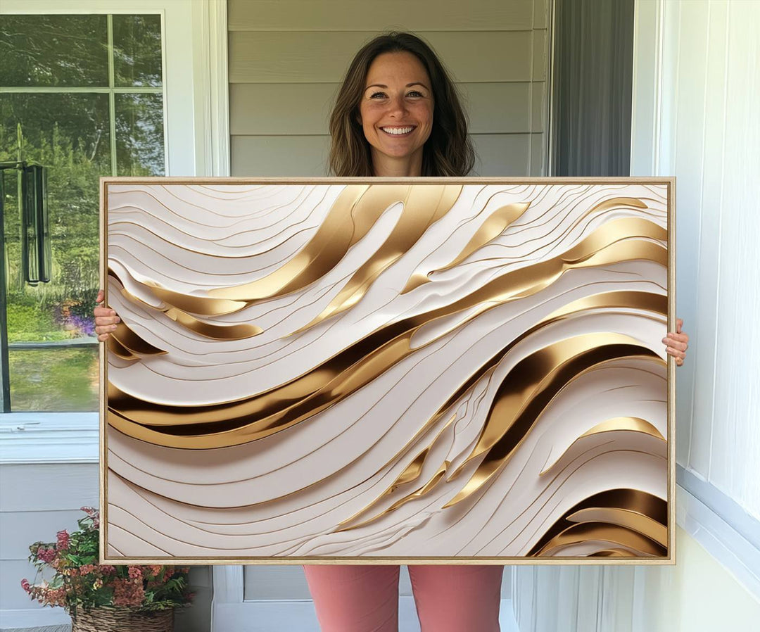 A Gold and White Abstract Wave Canvas with luxurious golden accents.