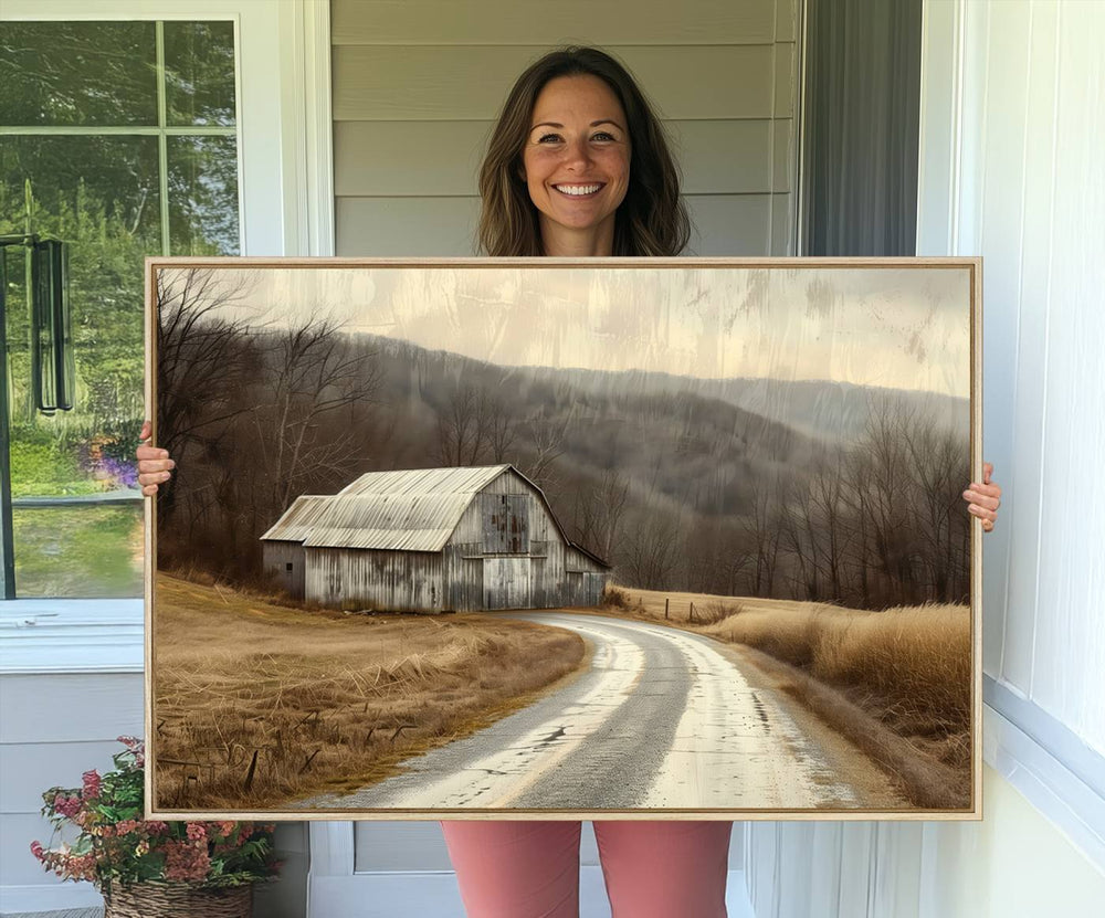 The wall exudes rustic charm, highlighted by the Vintage Barn Farmhouse Wall Decor Canvas Print.