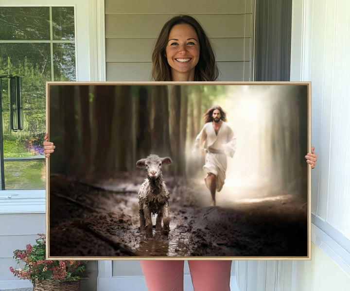 The Jesus Running After Lost Lamb canvas wall art adds a touch of spiritual significance.