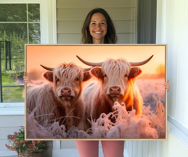 Highland Cows at Sunrise Wall Art adds serene rustic farmhouse charm.