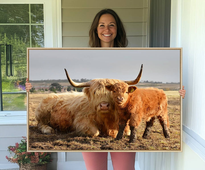 Highland Cow Canvas: a light brown cow and calf in the field, ideal farmhouse decor.