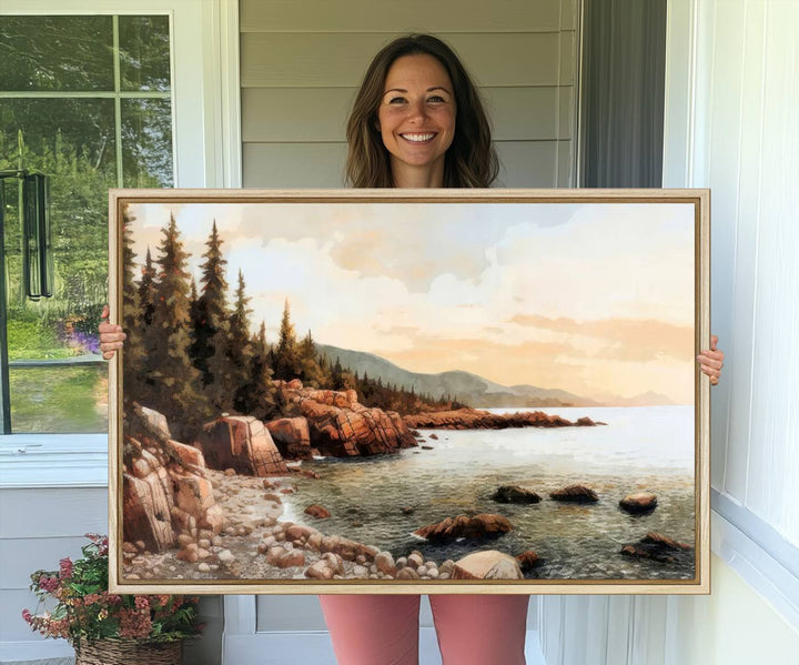 The Serene Coastal View of Acadia National Park 3-panel canvas, framed and ready to hang, adorns the wall.