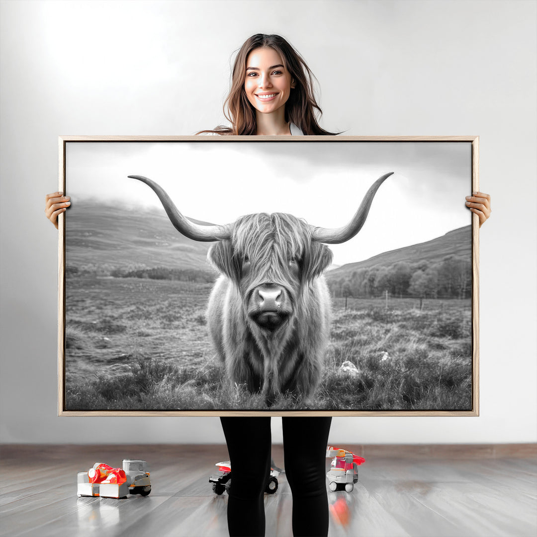 Black White Scottish Highland Cow Canvas Farm Wall Art Canvas Print