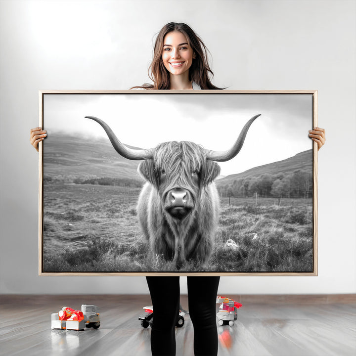 Black White Scottish Highland Cow Canvas Farm Wall Art Canvas Print