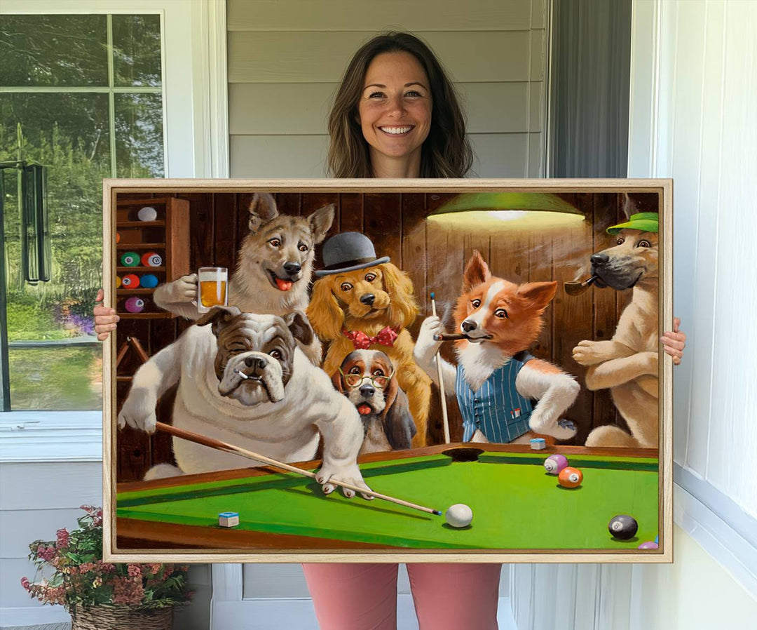 Dogs Playing Pool Canvas Wall Art: This artwork depicts a room where dogs are engaged in a game of pool. One dog is poised to cue while others observe the scene.