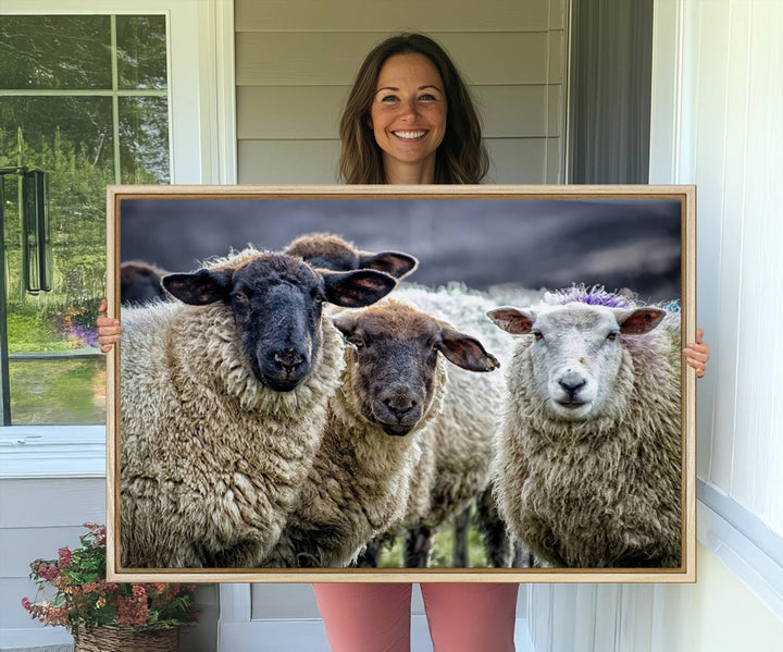 The Charming Sheep Portrait Wall Art hangs on a wooden wall.