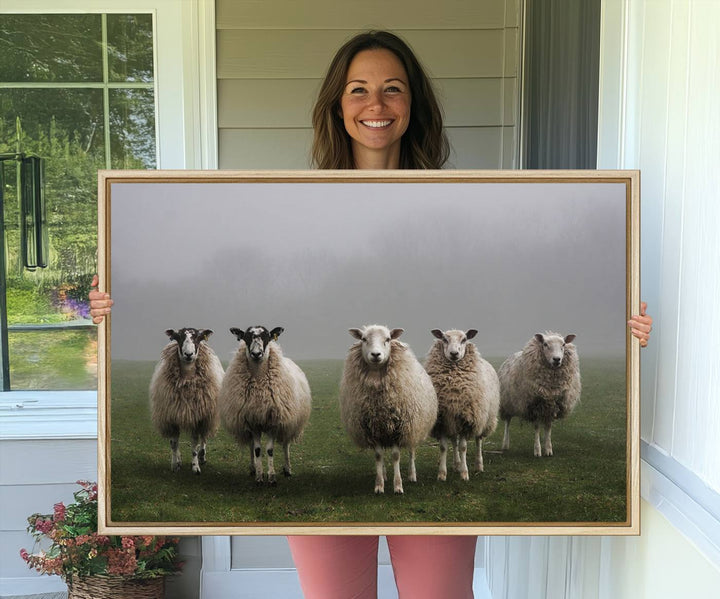 The Flock of Sheep in a Mystical Fog canvas print is framed and ready to hang.